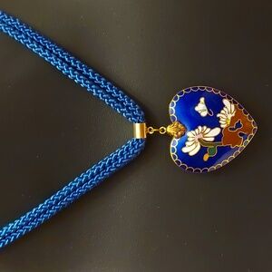 Double-sided Puffy Cloisonne  Blue Heart Pendant Necklace See Description